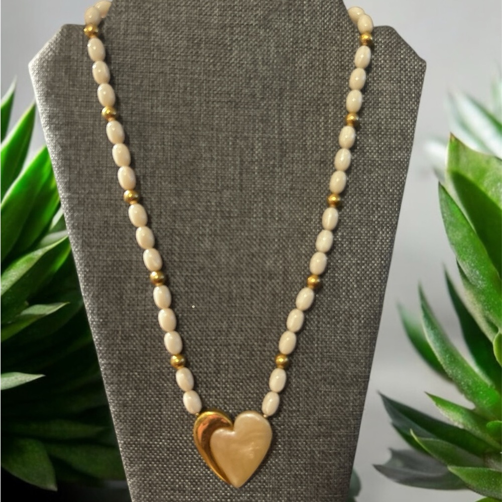 Heart Necklace  Lucite Gold and Cream Napier Vintage